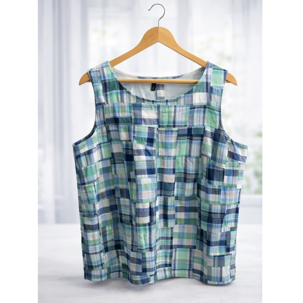 Talbots Madras Plaid Patchwork Back Button Sleeve… - image 2